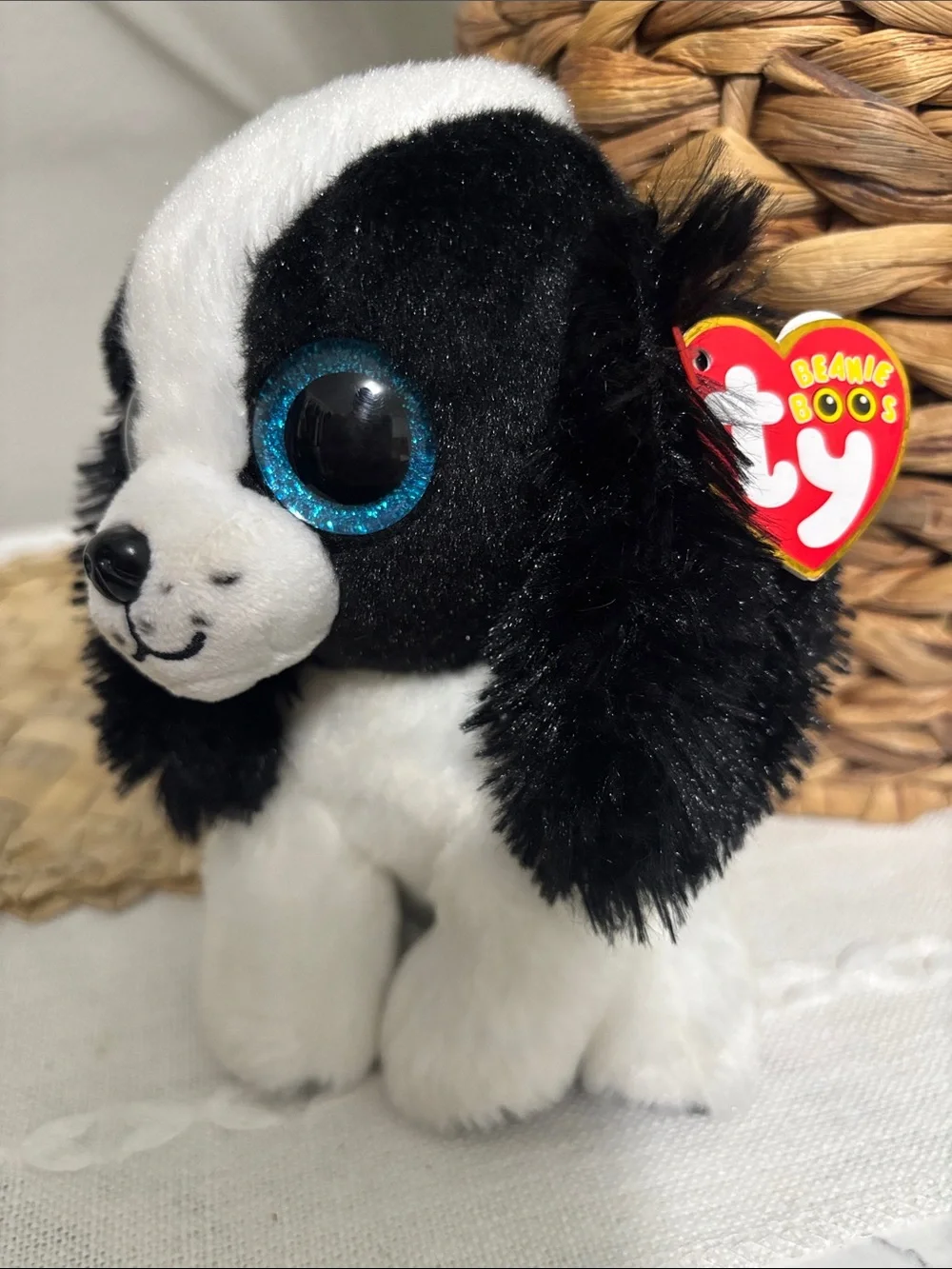 Ty Black & White Puppy Plush with Sparkling Blue Eyes
